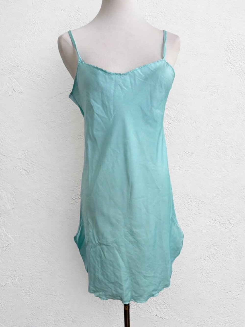 Vintage Baby Blue Satin Slip Dress Chemise Lettuce Edge S